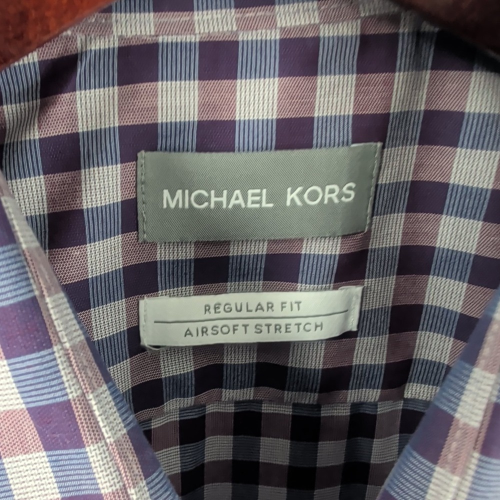 Michael Kors Airsoft Stretch Long Sleeve Check Button Up Shirt Purple 17 34x35 - Picture 5 of 9